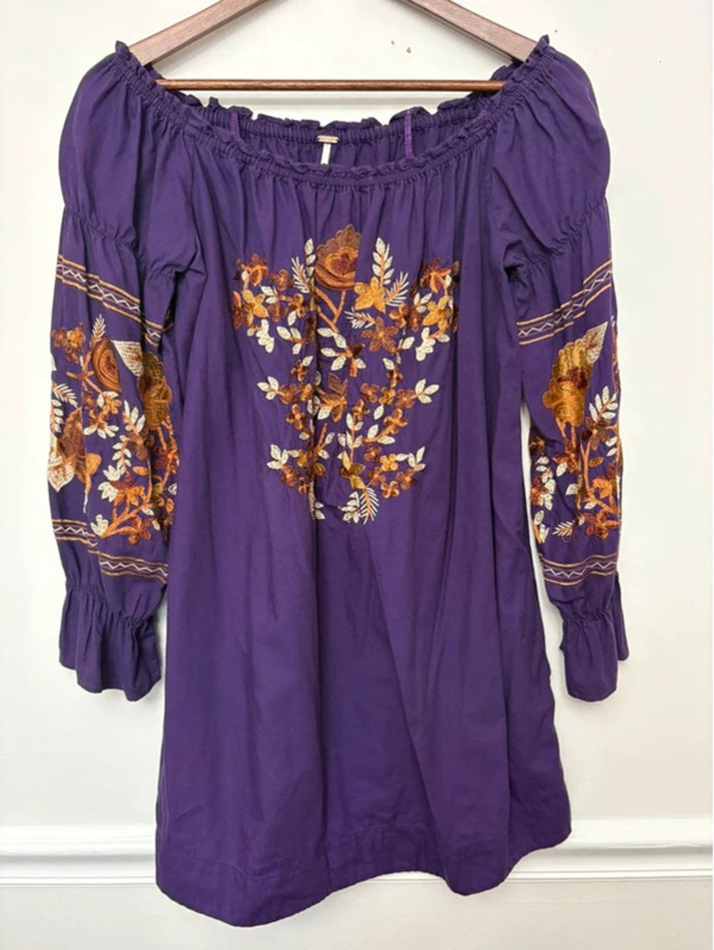 Free People Size S Purple Embroidered Off Shoulder Boho Mini Dress
